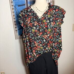 LOFT Black Floral Ruffle Blouse